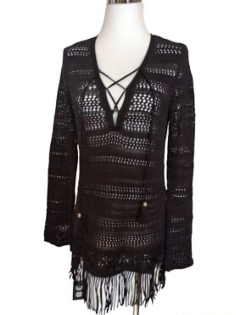 White House Black Market Black Crochet V-Neck Fringe Pullover XS